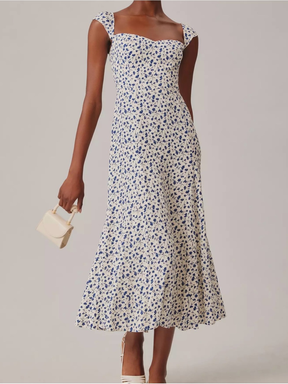 Reformation Bryson Midi Dress Sz 2 White Blue Floral Mykonos Sweetheart - Picture 7 of 14